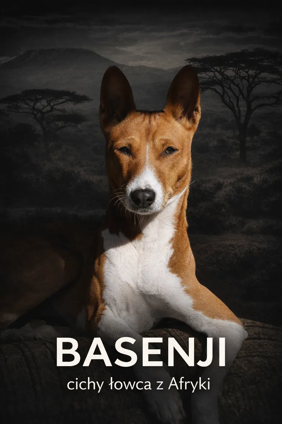 Portret basenji o rudo-białej sierści na tle ciemnej sawanny z akacjami i górą w oddali